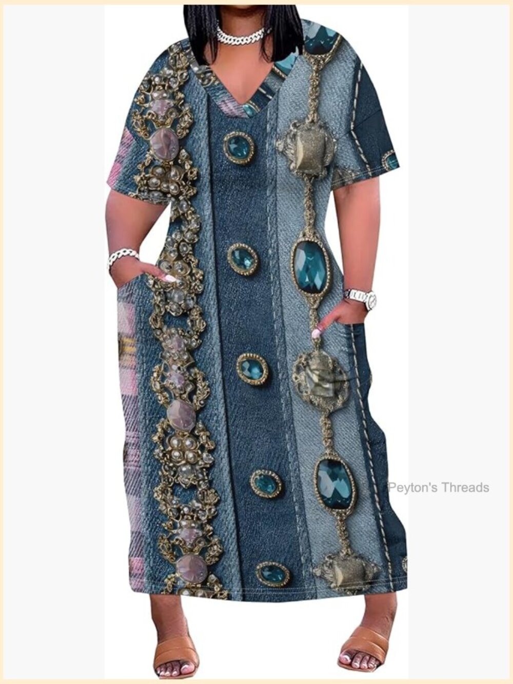 Plus Size Denim Print Maxi Dress V-Neck Short Sleeve with Pockets Soft Jean Look
